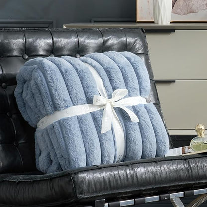 Cozy Bliss Faux Fur Throw Blanket for Couch, Cozy Warm Plush Striped Blanket for Sofa Bedroom Living Room, 90 * 90 Inches Light Blue