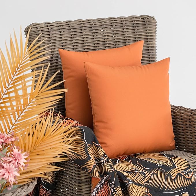 JMGBird Water-Resistant Outdoor Pillows Set of 2, 18x18 inch Durable Pure Orange Throw Pillows with Inserts for Patio Furniture