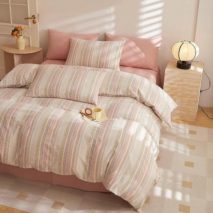 HighBuy Full Size Comforter Set 3 Piece Striped Bedding Set White Pink Stripes Comforter Teen Girls Lightweight Down Alternative Comforters for All Season 1 Stripe Comforter with 2 Pillowcases