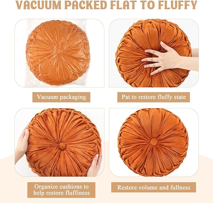 1 Pcs Round Throw Pillows Decorative Velvet Pleated Throw Pillows 15'' Diameter Accent Pumpkin Boho Chair Cushion for Couch Sofa Chair Bed Home Decoration (Burnt Orange)