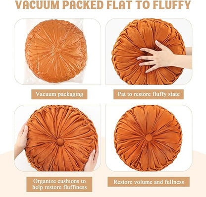 1 Pcs Round Throw Pillows Decorative Velvet Pleated Throw Pillows 15'' Diameter Accent Pumpkin Boho Chair Cushion for Couch Sofa Chair Bed Home Decoration (Burnt Orange)
