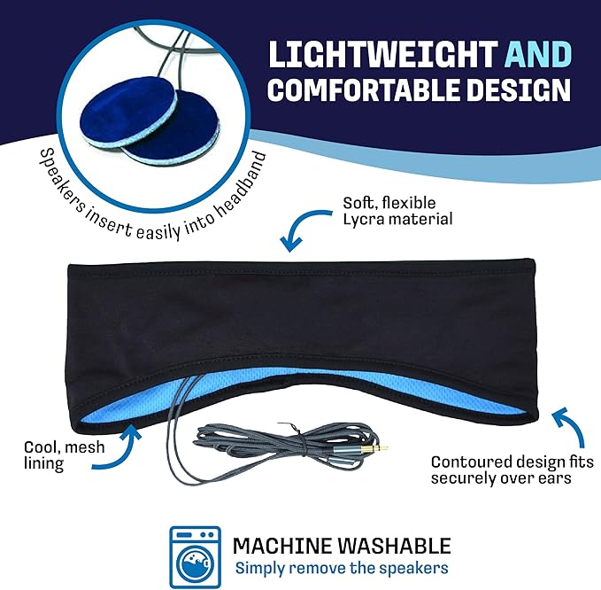CozyPhones Sleep Headphones - Over Ear Headphones from Ultra Thin Cool Mesh Wired for Side Sleepers, Meditation, Running, Laptop, and Phone - Black with Blue Liner
