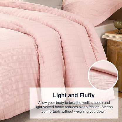 Pink Full Comforter Set - 3 Pieces Seersucker Lightweight Bedding Comforter Sets (1 Soft Fluffy Comforter & 2 Pillowcases) - All Seasons Cozy Cute Bed Sets for Women Girls