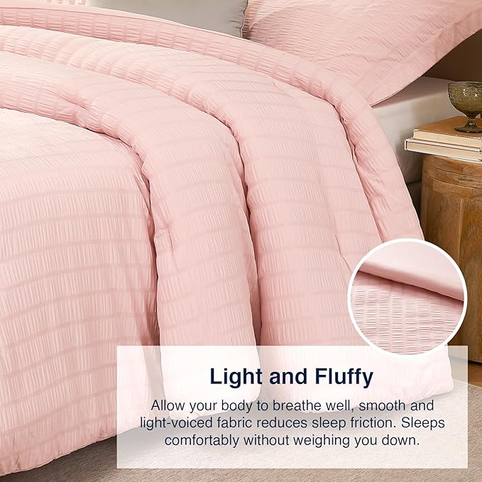 Pink Twin/Twin XL Comforter Set - 2 Pieces Seersucker Lightweight Bedding Comforter Sets (1 Soft Fluffy Comforter & 1 Pillowcase) - All Seasons Cozy Modern Bed Sets for Women Men