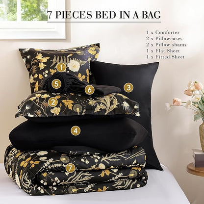 Yiran Queen Comforter Set, 7 Pieces Black Floral Soft Bedding Sets, Queen Bed in a Bag with Brown Botanical Flowers Winter Comforter, Sheets, Pillowcases & Shams