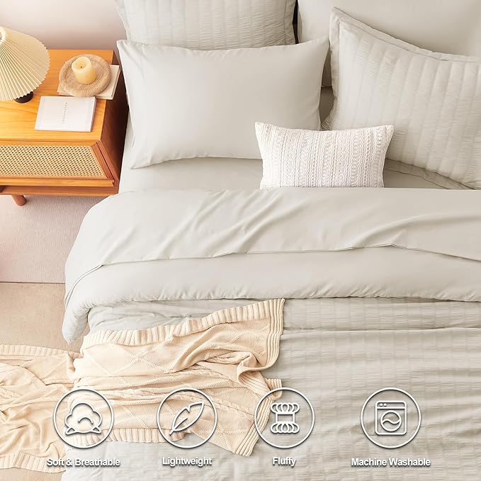 CozyLux Full Size Comforter Sets with Sheets Seersucker 7 Pieces Oatmeal Bed in a Bag Textured Luxury Soft Bedding Set with Down Alternative Comforter, Sheets, Pillowcases & Shams for All Seasons