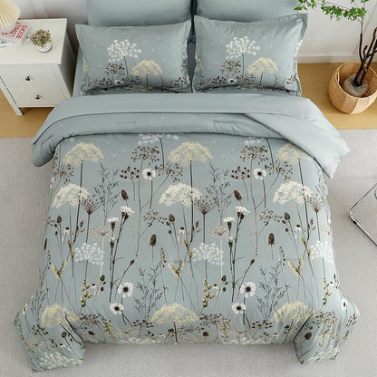 Yiran Dusty Blue Floral Comforter Set Queen Size, 7 Piece Dandelion Botanical Comforter Bedding Set, Bed in a Bag Queen, Soft Microfiber Complete Bedding Set with Sheets for All Season