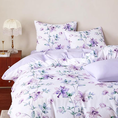 Wake In Cloud - Floral Comforter Set, Cottagecore Cottage Rustic Farmhouse Style with Botanical Flowers and Leaves Pattern, Soft Lightweight Bedding, 3-Piece, Purple White, Twin/Twin XL Size