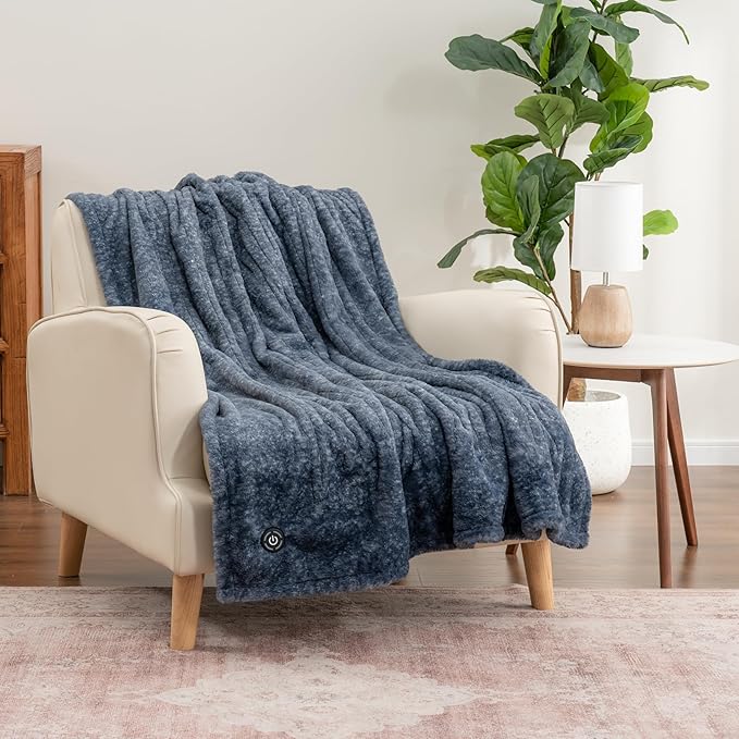 Berkshire Blanket Heated Throw Blanket, Grace Fur to Loftmink Reversible Electric Throw with 4 Heat Levels, Fast Heating Printed Throw for Couch and Bed, Auto Shut-Off Feature (50"x60")