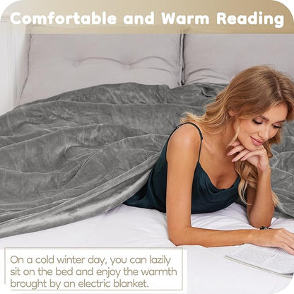 Electric Heated Blanket Twin Size 62"×84", Breathable & Luxurious Flannel, Soft Warm Gift with Over-Heat Protection, 4 Heating Levels & 10 H Auto Shut Off, Machine Washable, Light Grey