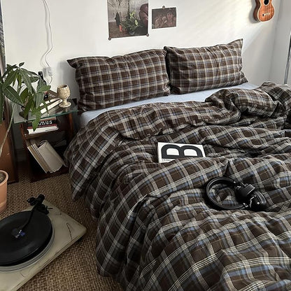 mixinni Vintage Blue & Brown Buffalo Plaid Comforter Set California King Size - 3-Piece Washed Cotton Soft Geometric Checkered Pattern Bedding Set for All-Seasons Lightweight & Breathable