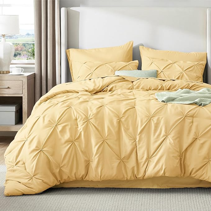 Bedsure Full Comforter Set Yellow - Bed in a Bag Full Size 7 Pieces, GentleSoft™ Pintuck Bed Set Gift for Family, Pinch Pleat Yellow Comforter with Sheets, Pillowcases & Shams