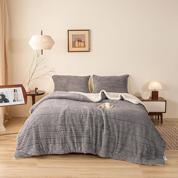 Warm Plush Sherpa Fleece Comforter Twin/Twin XL Set - Ultra-Warm Thickened Boho 3D Jacquard Softness Child Kid Bed Comforter Set Fluffy Surface for Cozy Autumn Winter Christmas Nights Grey