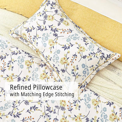 Yellow Floral Cotton Comforter Queen Size - Refreshing Design with Blue, Orange & Slate Gray Botanical Pattern on Off White,3PC Lightweight Bedding Set with Ultra-Soft Alternative Fill (Queen)