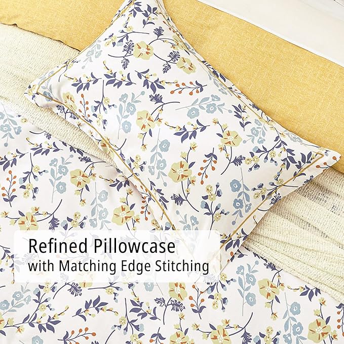 Yellow Floral Cotton Comforter King Size - Orange, Blue & Slate Gray Botanical Pattern on Off White, Reversible Design, 3PC Lightweight Bedding Set with Soft Alternative Fill (King)