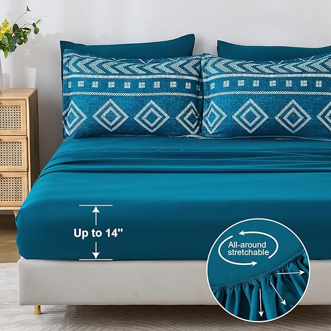 Yiran Teal Blue Comforter Set Queen Size, 7 Piece Boho Aztec Bedding Set, Geometric Bed in a Bag Queen, Soft Microfiber Bohemian Striped Complete Bedding Set with Sheets for All Season