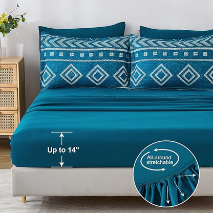 Yiran Teal Blue Comforter Set Queen Size, 7 Piece Boho Aztec Bedding Set, Geometric Bed in a Bag Queen, Soft Microfiber Bohemian Striped Complete Bedding Set with Sheets for All Season