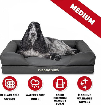 The Dog’s Bed Orthopedic Memory Foam Dog Bed with Bolsters, Oxford Fabric, Grey with Black Trim, M