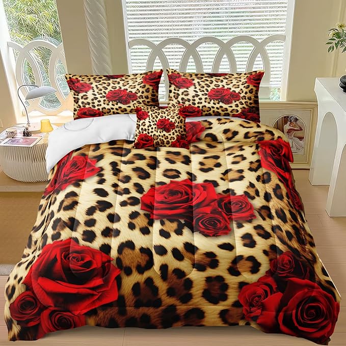 MOVE OVER Cheetah Print Comforter Set King Size Red Rose Flower Bedding Set 4 Pieces Ultra Soft Microfiber Romantic Rose and Leopard Print Comforter Sets for Women and Female