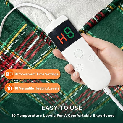 Electric Blanket Heated Throw, Soft Flannel 50"x60" Plaid Heating Blanket with 8 Hours Auto Off 10 Fast Heating Levels Machine Washable Sherpa Heated Blanket with Overheating Protection
