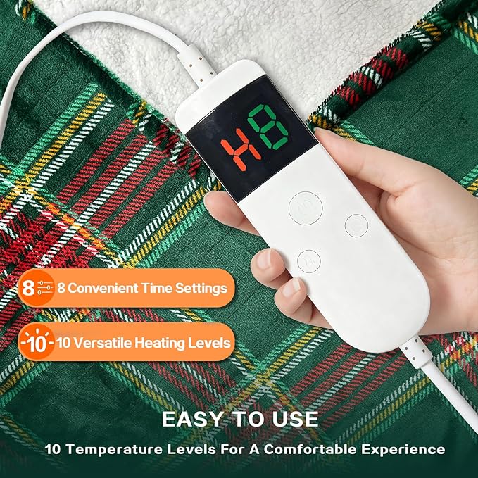 Electric Blanket Heated Twin, Soft Flannel 62"x84" Plaid Heating Blanket with 8 Hours Auto Off 10 Fast Heating Levels Machine Washable Sherpa Heated Blanket with Overheating Protection