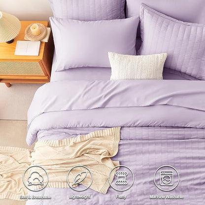 CozyLux Queen Seersucker Comforter Set with Sheets Light Purple Bed in a Bag 7-Pieces All Season Lavender Bedding Sets with Comforter, Pillow Sham, Flat Sheet, Fitted Sheet, Pillowcase