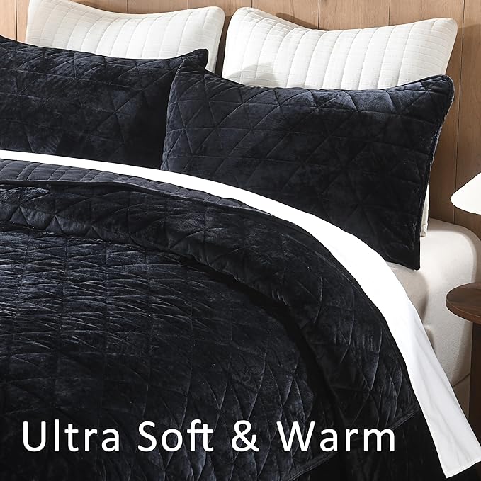 Homzard Velvet California King Size Quilt, Black Comforter Set Bedding Set (118”*106”) with 2 Pillow Shams, Patchwork Bedspread Set, All Season Bedding Coverlet 3 Piece