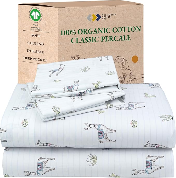 California Design Den Printed Sheets King Size Set - 100% Organic Cotton, Soft and Crisp Percale, Durable Deep Pocket King Sheets & Pillowcase Set - Llama