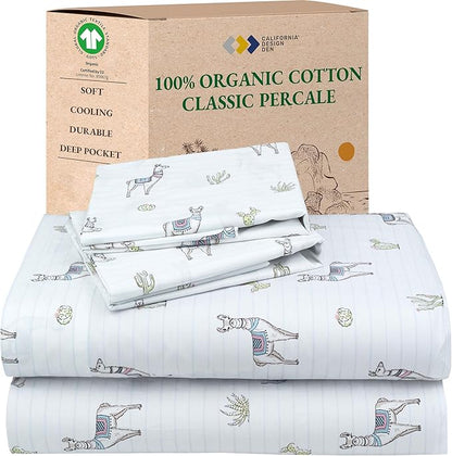California Design Den Printed Queen Size Bed Sheet Set, 100% Organic Cotton Percale Sheets, Deep Pocket Queen Sheets & Pillowcase Set - Llama