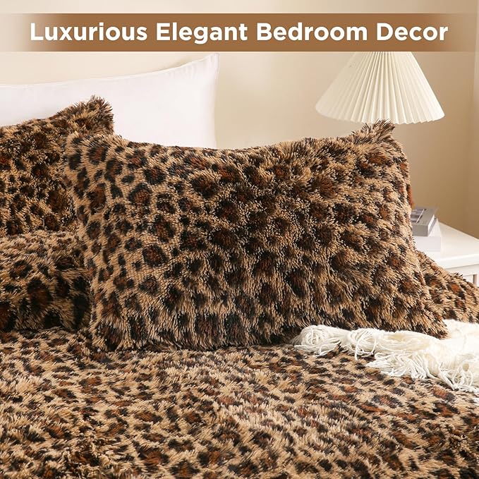Cheetah Print Fluffy Faux Fur Comforter Set Queen Size, 3 Pieces Brown Leopard Plush Shaggy Fuzzy Bedding Set, Ultra Soft Luxury Furry Boho Animal Print Winter Warm Comforter for Women Gilrs