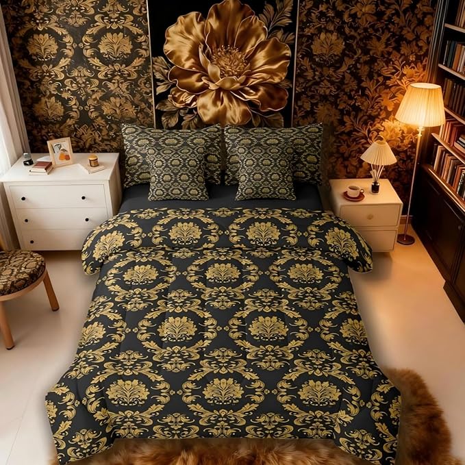 Erosebridal Black and Gold Damask Bed in a Bag Queen Comforter Set 7-Piece | Victorian Decor Gothic Vintage Floral Bedding Sets Baroque Goth Comforter and Sheet Set, Luxury Bohemian Room Decor