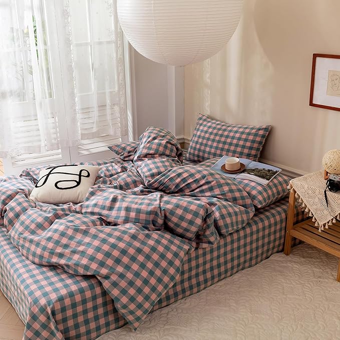 VM VOUGEMARKET Girls Comforter Set Twin XL Pink Blue Plaid Gingham Down Comforter with 2 Pillowcases,Modern Cozy Purple Grid Bedding Quilt Set 68"x90"