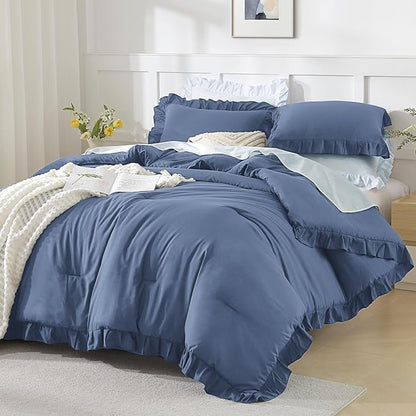 Andency Ocean Blue Comforters Queen Size, 3 Pieces Solid Shabby Chic Farmhouse Bedding Comforters & Sets, Lightweight Fluffy All Season Soft Down Alternative Bed Set for Women Men