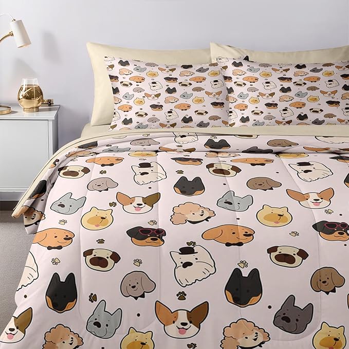Nesker 5 Pcs Comforter Set Twin Size, Kids Cute Cartoon Pug Puppy Bedding Set for Kids and Adults, Animal Dog Cream Bed Sheet Sets with Fitted Sheet Pillowcases & Shams