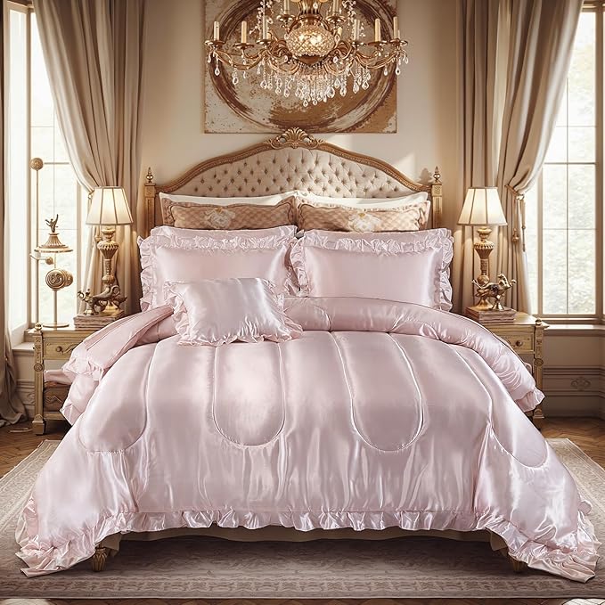 Luxury Silky Comforter Set with Sheet Set Queen 8 Pieces Light Pink Bedding Set Silk Like Satin Ruffle Pattern Home Deocr Sexy Hotel Silky Bed Set with 1 Cushion Cover