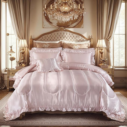 Luxury Silky Comforter Set with Sheet Set Queen 8 Pieces Light Pink Bedding Set Silk Like Satin Ruffle Pattern Home Deocr Sexy Hotel Silky Bed Set with 1 Cushion Cover