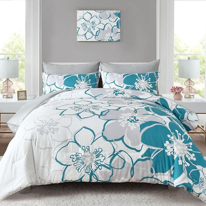 Anibedding Teal Floral Comforter Set King Size 7 Piece, Teal Blue Flower Bed in a Bag, Elegant Botanical Floral Comforter Soft Microfiber Complete Bedding Set for All Season, (Teal, 104"x90")