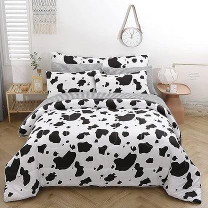SUCSES King Size Cow Comforter Set 8 Pieces Black and White Bedding Set Cute Cowhide Bed in A Bag Soft Geometric Quilts (Cow Pattern, King Size)