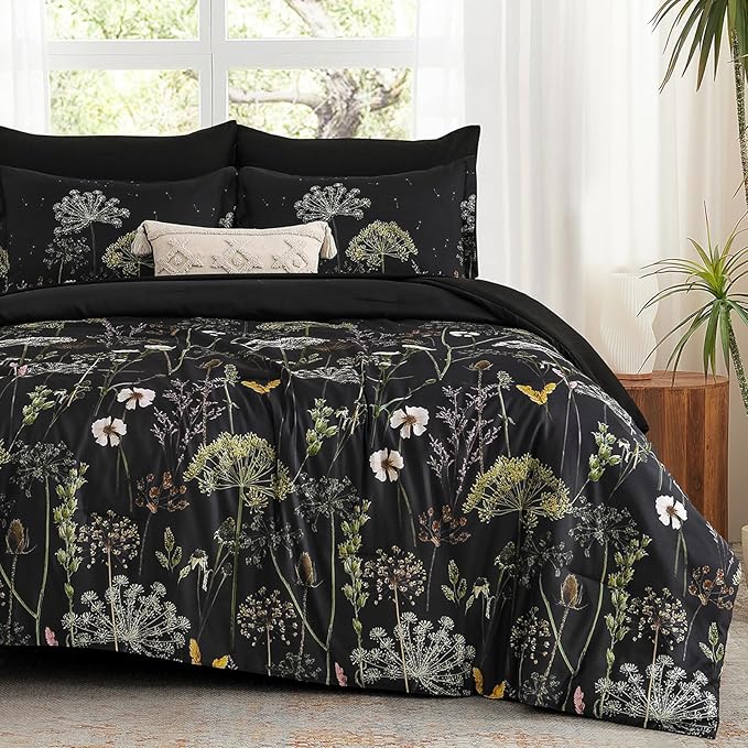 Yiran Floral Full Size Comforter Set, Black Dandelion Plant Botanical Comforter Bedding Set, 7 Piece Summer Bed in a Bag, Soft Microfiber Complete Bedding Set with Sheets for All Season