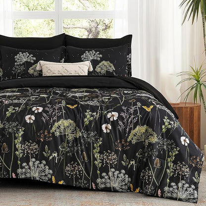 Yiran King Size Comforter Set, 7 Piece Comforter Floral Black Green Bedding Set, Soft Bed in a Bag King, Comforter, Sheets, Pillowcases & Shams