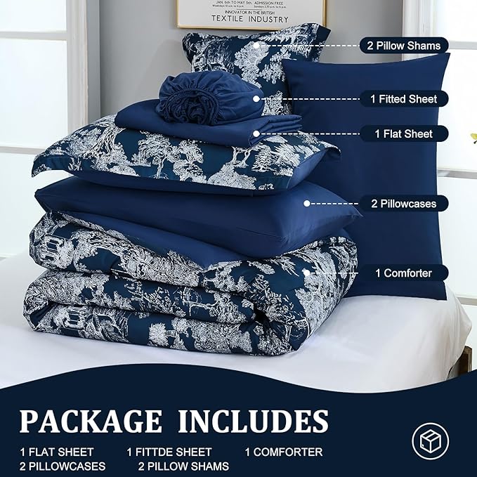 DJY King Size Comforter Sets, 7 Pieces Bed in a Bag King Navy Blue Botanical Comforter Set with Sheets, White Elegant Plants Print Soft Microfiber Reversible Complete Bedding Sets for All Season