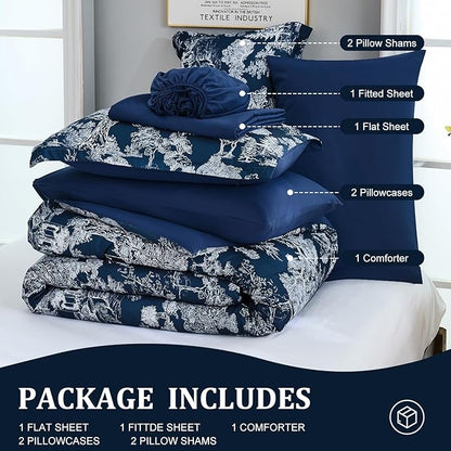 DJY King Size Comforter Sets, 7 Pieces Bed in a Bag King Navy Blue Botanical Comforter Set with Sheets, White Elegant Plants Print Soft Microfiber Reversible Complete Bedding Sets for All Season