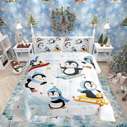 Castle Fairy Winter Snowflak Bed Comforter Set Queen Size,Cute Cartoon Skiing Penguin Super Soft Microfiber Bedding Set for Girls Boys,Merry Christmas Theme New Year Decorative Quilter Set