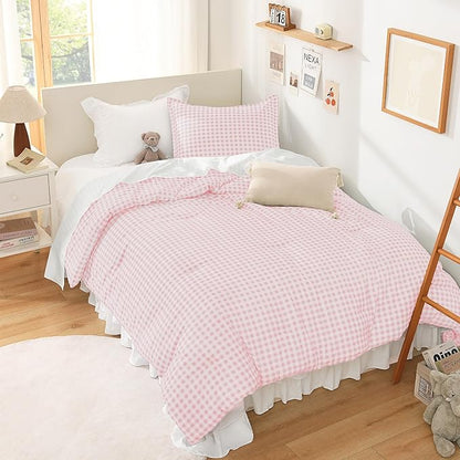 Andency Pink Gingham Comforter Set Twin(66x90Inch), Blush Checkered Grid Plaid Buffalo Bed Set for Girls Boys Kids Teens, 2 Pieces Lightweight Microfiber Geometric Preppy Bedding