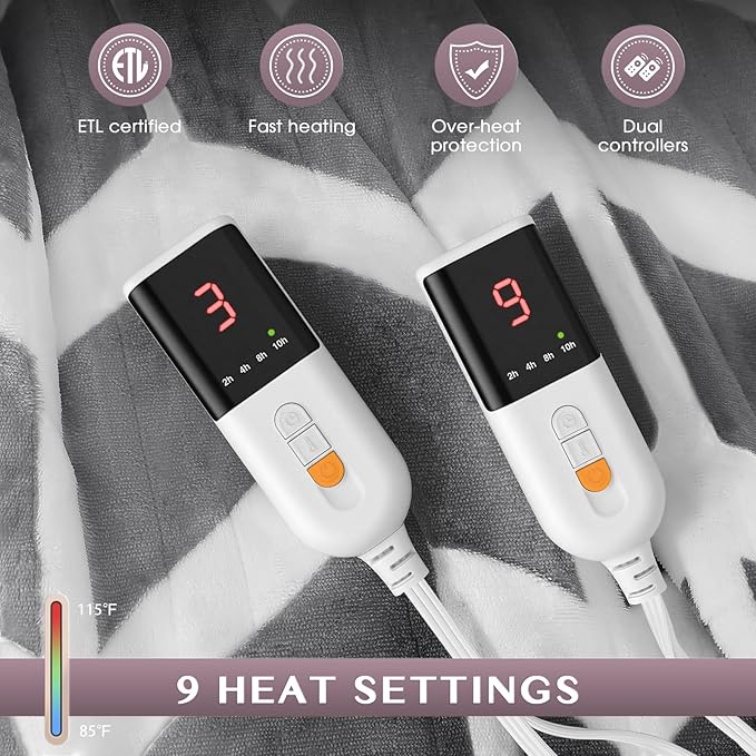 VENTIMI Electric Blanket Queen Size, 84" x 90" Heated Blanket with 9 Heat Levels & 2-4-8-10 Hours Auto Off, Fast Heating Blanket with ETL & FCC Certification, Grey