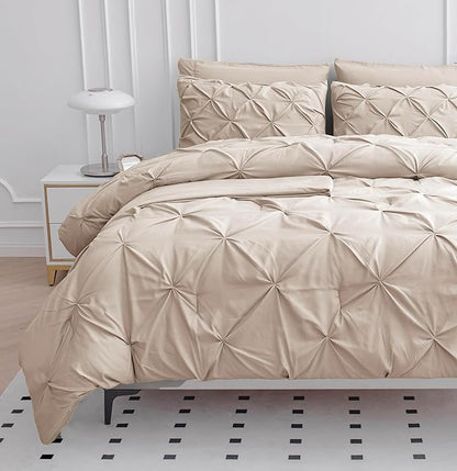 LANE LINEN Twin Comforter Set - 5 Piece - Classic Pintuck Stitch Design Bedding - with 1 Comforter, 1 Pillowcase 1 Shams, 1 Flat & One 14" Fitted Sheet - Lightweight Bedding for Year-Round Use – Beige | Ultra-soft comfort, Everyday soft touch, Durable ...