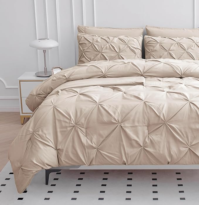 LANE LINEN California King Comforter Set of 7 PCs - Hotel-Style Down Alternative Bed in a Bag - Classic Pintuck Stitch Bedding Set - Super Soft, Warm, All-Season Oversized Cali King Comforter - Beige | Extended coverage, Generous size, Year round comfo...
