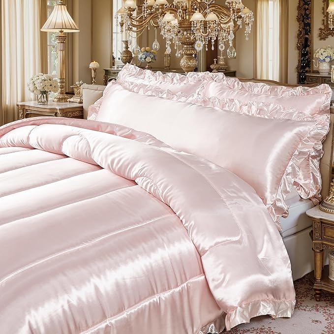 Pink Queen Comforter Set Silk Like Satin Bedding Set 4 Pcs Hotel Soft Polyester Satin Bed Set Luxury Silky Body Pillow Cover Ruffle Down Comforter Home Decor