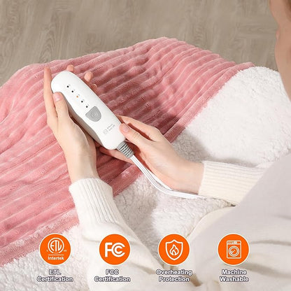 Electric Throw Heated Throw 50''x60'', Striped Flannel & Thicker Sherpa, 5 Heat Settings & 4 Hour Auto Off with FCC/ETL Certified, Overheat Protection & Machine Washable, Great Gift, Pink