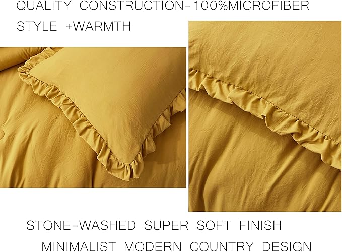 Chezmoi Collection Nora Mustard Yellow Comforter Set Queen Size 3-Piece Lightweight Fluffy Soft Lightweight Bedding Ruffled Edge Trim Stone-Washed Microfiber Comforter Set for All Season